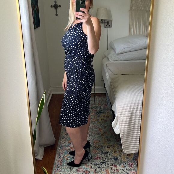 London Times Jumpsuit Womens Size 4‎ Cropped Navy White Polka Dot Halter - Picture 3 of 8